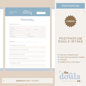 Postpartum Doula Client Intake Forms, Doula Handouts for Doula Businesses, Doula Consent, Postpartum Doula Contract, Edit in Canva