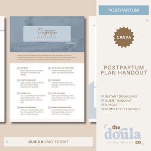 Postpartum Plan and Supplies, Editable Doula Handout, Birth Doula Client, Childbirth Education Resources