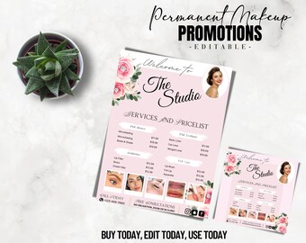 Beauty Salon Flyers, Menu Templates, Modern Flyer, PMU Clinic, Pricing Menu Guide, Editable DIY Template for business, Canva, Dusky Pink