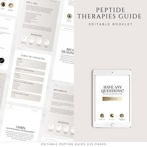 Pode incluir: Um guia digital intitulado "Peptide Therapies Guide" com um design de livreto editável. A imagem apresenta um tablet exibindo "Have Any Questions?" e várias páginas com texto e gráficos, tudo em uma paleta de cores neutras.