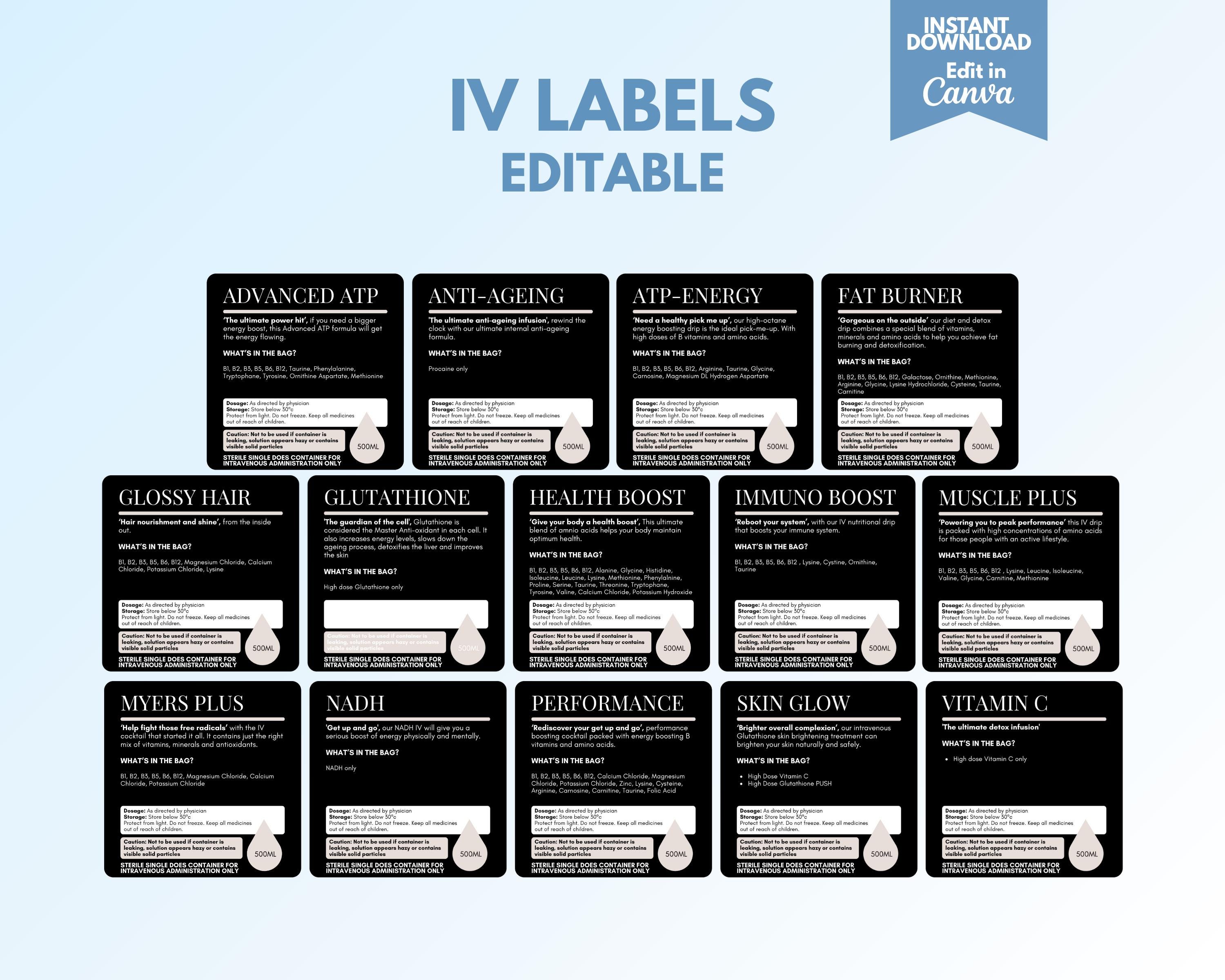 Editable IV Drip Bag Labels: Nutrient Therapy Templates (canva) - Etsy
