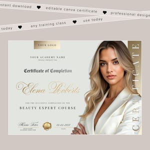 Certificato di completamento per qualsiasi corso di formazione in estetica, bellezza o PMU (modello Canva modificabile)