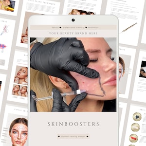 Könnte beinhalten: Ein digitales Tablet, das ein Schönheitstrainingshandbuch mit dem Titel "SKINBOOSTERS" anzeigt. Das Bild zeigt eine Nahaufnahme eines Gesichts, das eine Injektion erhält. Um das Tablet herum befinden sich Seiten mit Diagrammen und Texten zu Schönheitsbehandlungen.
