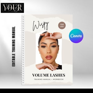 Manuel de formation sur les extensions de cils Wispy Volume, guide de formation modifiable, cartes Wispy Lash, étudiants, tuteurs, modifier dans Canva