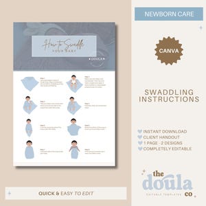 Swaddling Baby Instructions Handout, Newborn Care Doula Client Handout, Postpartum Doula Resources, Doula Client Handouts, Doula Business