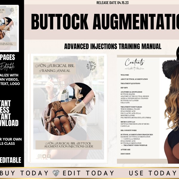 Nicht chirurgisches Buttock Lift-Schulungsbuch, Sculptra, Radiesse, Hyaluronsäure, Biostimulatoren, BBL-Injektionen, bearbeitbares Canva-Handbuch