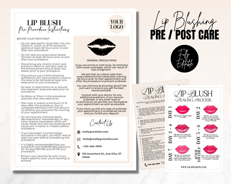 LIP BLUSHING Editable Aftercare Pre Care Combination, Lip Tattoo