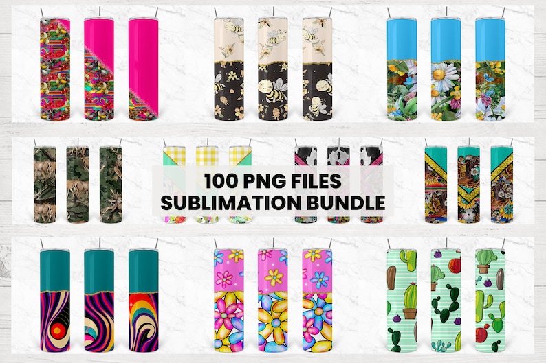 May include: A collection of 100 sublimation designs for tumblers. The designs feature a variety of patterns and colors, including floral, geometric, and abstract designs.  The designs are perfect for creating unique and personalized tumblers.