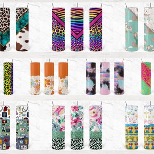 May include: Twelve different designs of stainless steel tumblers with various patterns and colors. The tumblers are all the same size and shape, and they are arranged in three rows of four. The designs include animal prints, floral patterns, geometric shapes, and abstract designs.
