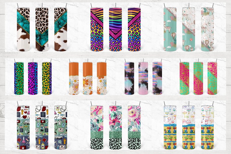 May include: Twelve different designs of stainless steel tumblers with various patterns and colors. The tumblers are all the same size and shape, and they are arranged in three rows of four. The designs include animal prints, floral patterns, geometric shapes, and abstract designs.