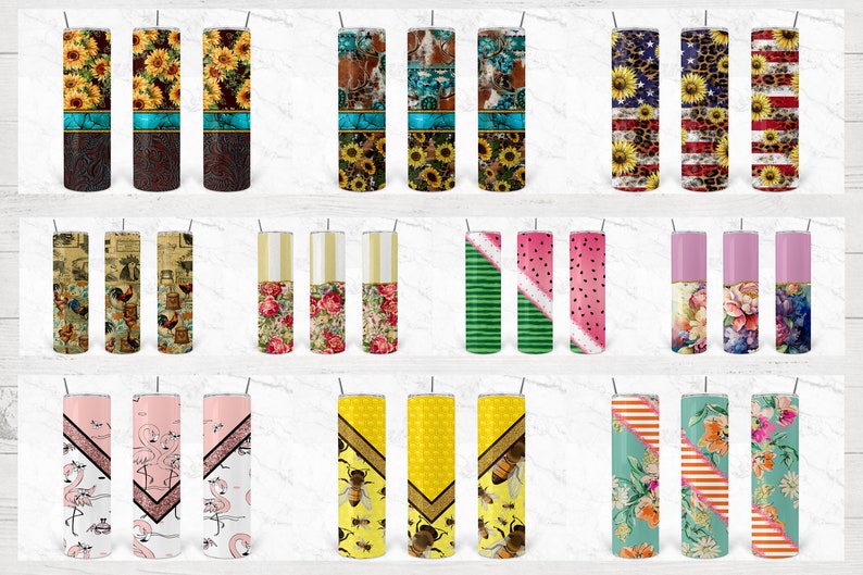 May include: A set of 30 different tumbler designs featuring various patterns and colors, including floral, geometric, animal print, and patriotic themes. The tumblers are all stainless steel and have a double-walled construction to keep drinks cold or hot.