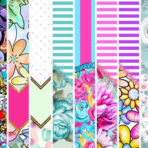 May include: A digital collage of 12 different patterns, including floral, geometric, and abstract designs. The patterns are in a variety of colors, including pink, blue, green, and yellow.