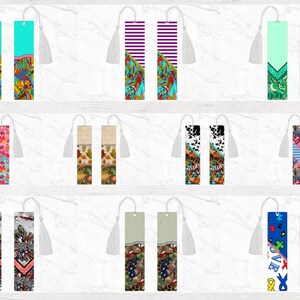 May include: Set of 10 colourful bookmarks with tassel accents. Each bookmark features a unique pattern, including floral, geometric, and abstract designs.
