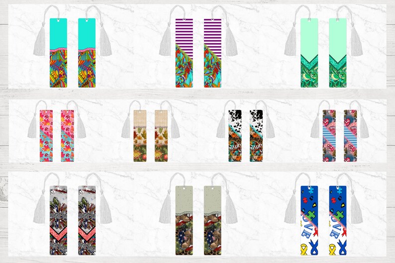 May include: Set of 10 colourful bookmarks with tassel accents. Each bookmark features a unique pattern, including floral, geometric, and abstract designs.