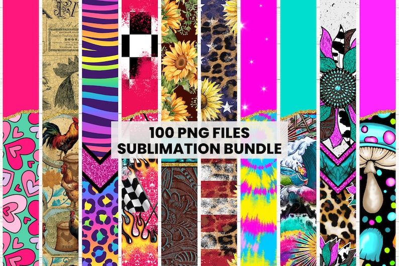 May include: A digital download bundle of 100 sublimation designs. The designs are colorful and feature a variety of patterns, including hearts, stripes, leopard print, sunflowers, and tie-dye.  The designs are perfect for creating custom t-shirts, mugs, phone cases, and other personalized items.