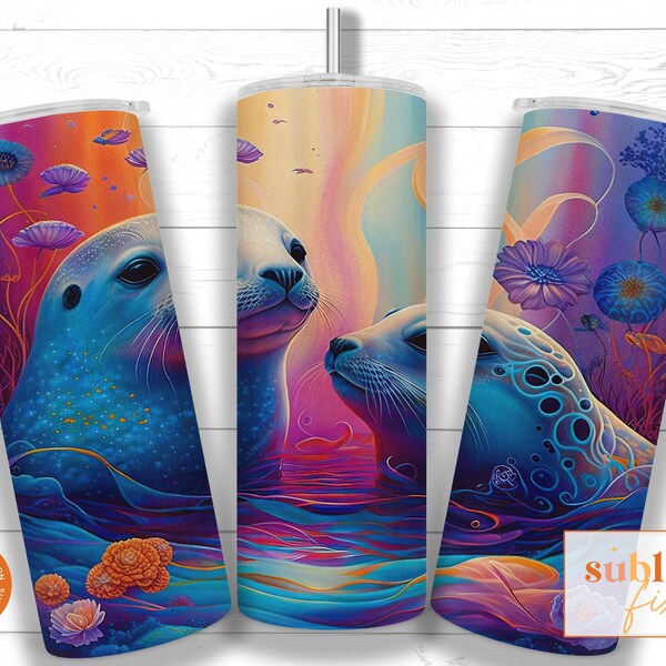 Neon Seal 20oz Skinny Tumbler Sublimation Design Template, Neon Straight Tumbler Wrap PNG, Frank Bright Colorful Tumbler