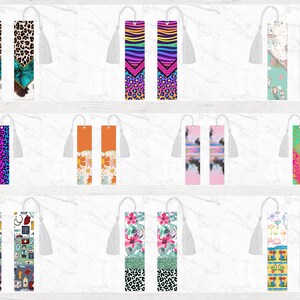 May include: Set of 10 colourful bookmarks with tassels. Each bookmark features a different design, including animal prints, floral patterns, and geometric shapes.