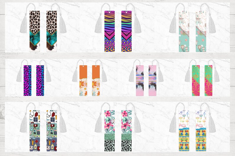 May include: Set of 10 colourful bookmarks with tassels. Each bookmark features a different design, including animal prints, floral patterns, and geometric shapes.