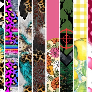 May include: A digital collage of 10 different patterns, including animal prints, floral designs, and geometric shapes. The patterns are arranged in a vertical strip, with each pattern separated by a thin gold line. The patterns are all bright and colorful, and they would be perfect for use in a variety of craft projects.
