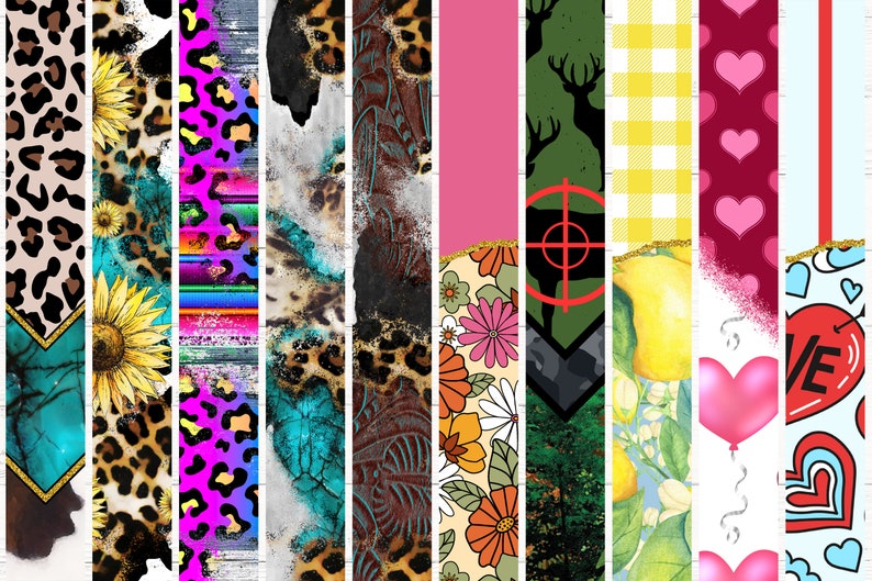 May include: A digital collage of 10 different patterns, including animal prints, floral designs, and geometric shapes. The patterns are arranged in a vertical strip, with each pattern separated by a thin gold line. The patterns are all bright and colorful, and they would be perfect for use in a variety of craft projects.