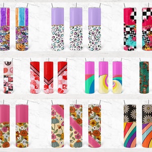 May include: Set of 18 different designs for 20 oz skinny tumblers. The designs feature various patterns and colors, including pink, red, purple, green, black, white, and yellow. Some designs include peace signs, hearts, flowers, and geometric shapes.