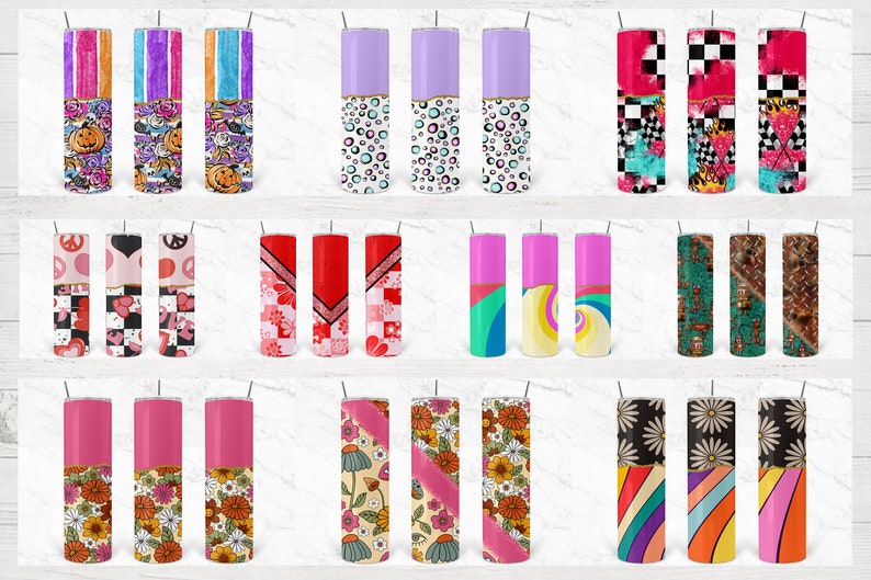 May include: Set of 18 different designs for 20 oz skinny tumblers. The designs feature various patterns and colors, including pink, red, purple, green, black, white, and yellow. Some designs include peace signs, hearts, flowers, and geometric shapes.