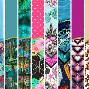May include: A collage of 10 different digital designs featuring various themes, including floral, fish, mermaid scales, and fall. Each design is framed with a gold glitter border.
