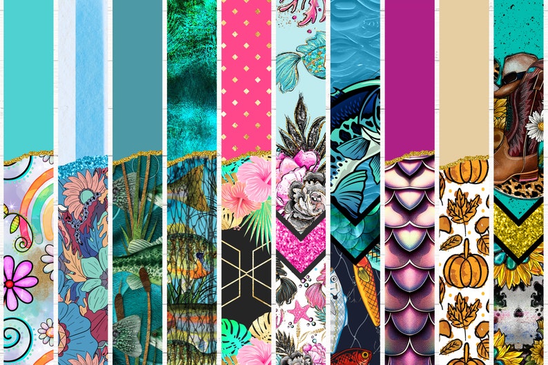 May include: A collage of 10 different digital designs featuring various themes, including floral, fish, mermaid scales, and fall. Each design is framed with a gold glitter border.