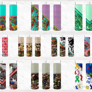 May include: A collection of 20 different designs for 20 oz stainless steel tumblers. The designs include various patterns, colors, and themes, such as floral, geometric, animal print, and abstract.