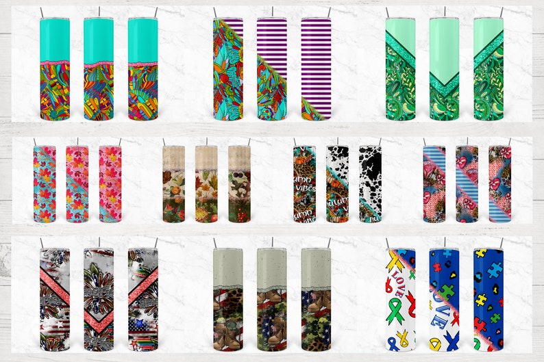 May include: A collection of 20 different designs for 20 oz stainless steel tumblers. The designs include various patterns, colors, and themes, such as floral, geometric, animal print, and abstract.