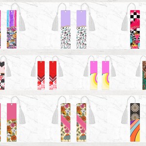 May include: Set of 10 colourful bookmarks with different patterns, including hearts, flowers, geometric shapes, and abstract designs. Each bookmark has a white tassel.