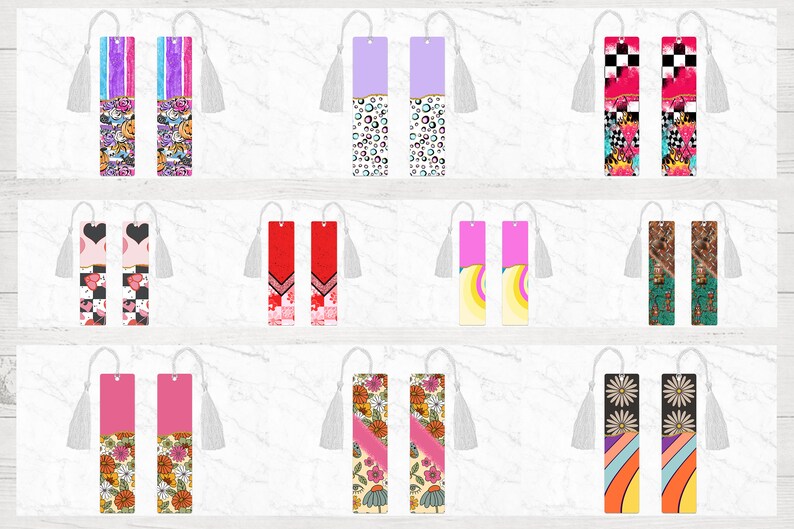 May include: Set of 10 colourful bookmarks with different patterns, including hearts, flowers, geometric shapes, and abstract designs. Each bookmark has a white tassel.