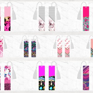 May include: Set of 10 pink and white patterned bookmarks with tassels. Each bookmark features a different design, including hearts, stripes, floral, and geometric patterns.