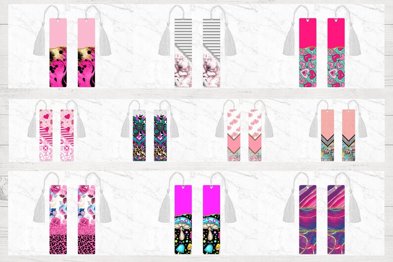 May include: Set of 10 pink and white patterned bookmarks with tassels. Each bookmark features a different design, including hearts, stripes, floral, and geometric patterns.