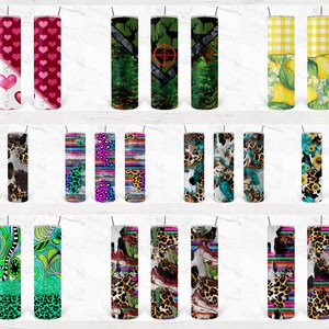 May include: Set of 12 different designs for 20 oz stainless steel tumblers. Designs include hearts, camo, lemons, cowhide, stripes, sunflowers, and more.