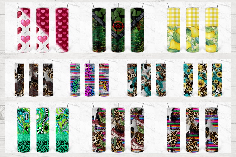 May include: Set of 12 different designs for 20 oz stainless steel tumblers. Designs include hearts, camo, lemons, cowhide, stripes, sunflowers, and more.