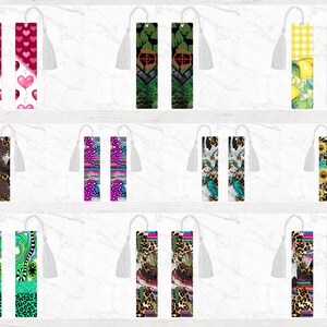 May include: Set of 12 double-sided bookmarks with various colourful patterns. Each bookmark features a different design, including hearts, animal prints, and geometric shapes. The bookmarks have white tassels.