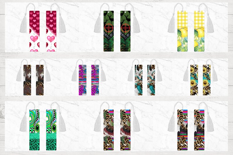May include: Set of 12 double-sided bookmarks with various colourful patterns. Each bookmark features a different design, including hearts, animal prints, and geometric shapes. The bookmarks have white tassels.