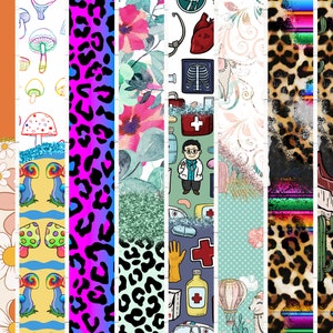 May include: A digital collage of 10 different patterns, including floral, geometric, and animal print designs. The patterns are arranged in vertical strips, creating a colorful and visually interesting design.