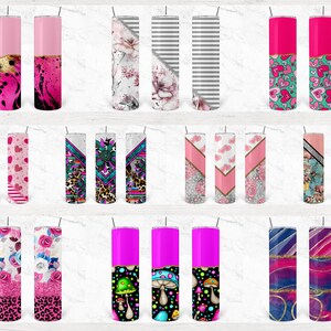 May include: Set of 18 different designs for 20 oz stainless steel tumblers. The designs feature a variety of patterns and colors, including pink, blue, green, and black. Some designs include hearts, flowers, and geometric shapes.