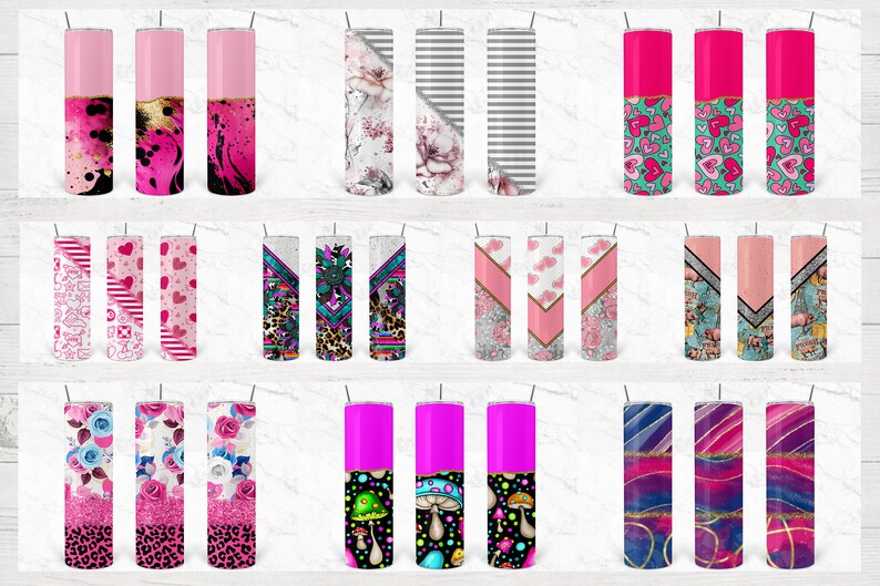 May include: Set of 18 different designs for 20 oz stainless steel tumblers. The designs feature a variety of patterns and colors, including pink, blue, green, and black. Some designs include hearts, flowers, and geometric shapes.