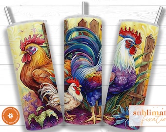 Plantilla de diseño de sublimación de vaso flaco de 20 oz de gallo, envoltura de vaso recto de pollo PNG, vaso colorido de animales de granja
