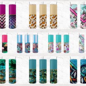 May include: Set of 18 different patterned stainless steel tumblers. The tumblers are all 20 ounces and have a variety of colors and designs, including mermaid scales, fall leaves, flamingos, and fish.