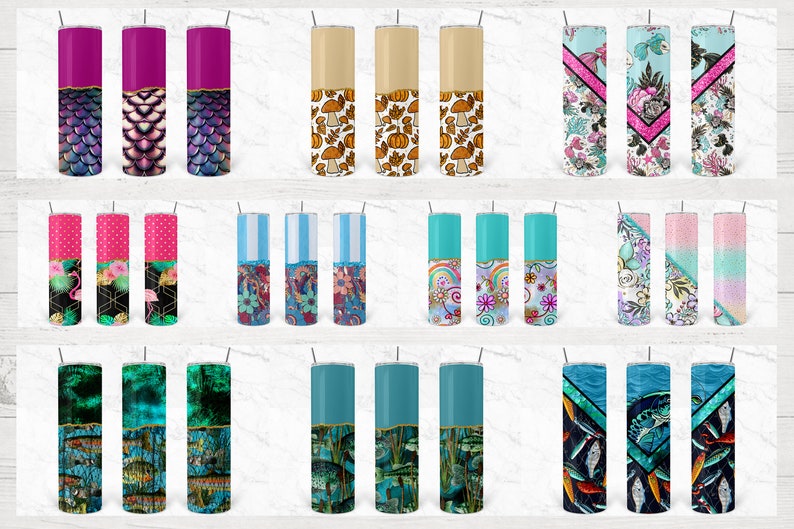May include: Set of 18 different patterned stainless steel tumblers. The tumblers are all 20 ounces and have a variety of colors and designs, including mermaid scales, fall leaves, flamingos, and fish.