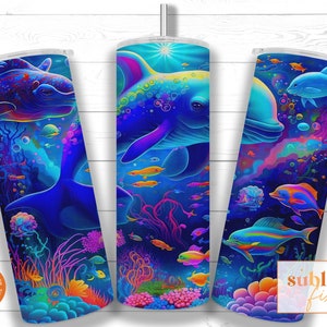 Neon Dolphins 20oz Skinny Tumbler Sublimation Design Template, Neon Straight Tumbler Wrap PNG, Frank Bright Colorful Tumbler