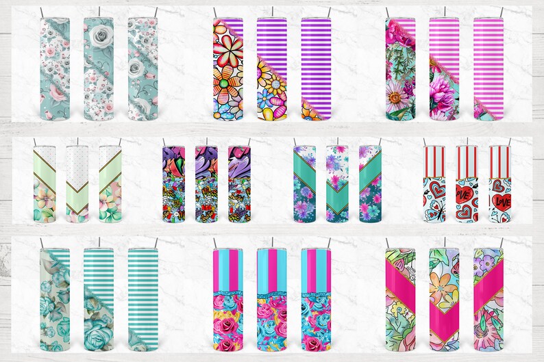 May include: Set of 30 stainless steel tumblers with various colorful designs. The designs include floral patterns, stripes, and abstract art. The tumblers are perfect for everyday use or as a gift.