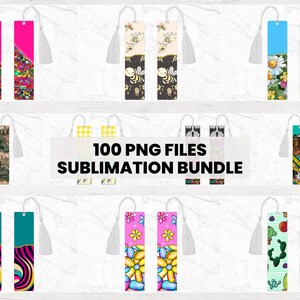 May include: A set of 100 digital bookmark designs for sublimation. The designs feature various patterns and colours, including floral, geometric, and abstract designs. The bookmarks are all rectangular and have a tassel at the top.