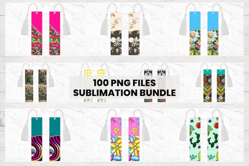 May include: A set of 100 digital bookmark designs for sublimation. The designs feature various patterns and colours, including floral, geometric, and abstract designs. The bookmarks are all rectangular and have a tassel at the top.