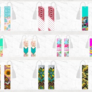 May include: Set of 10 colourful bookmarks with various designs, including seashells, hearts, flowers, tie-dye, and sunflowers. Each bookmark has a white tassel.
