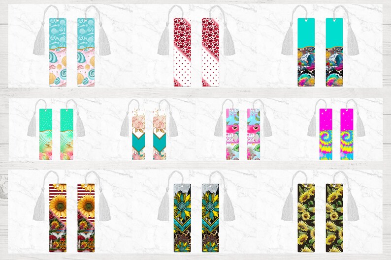 May include: Set of 10 colourful bookmarks with various designs, including seashells, hearts, flowers, tie-dye, and sunflowers. Each bookmark has a white tassel.